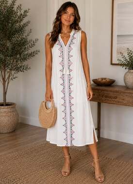 Style & Co Sleeveless White Embroidered Boho Tassel Tie Midi Dress